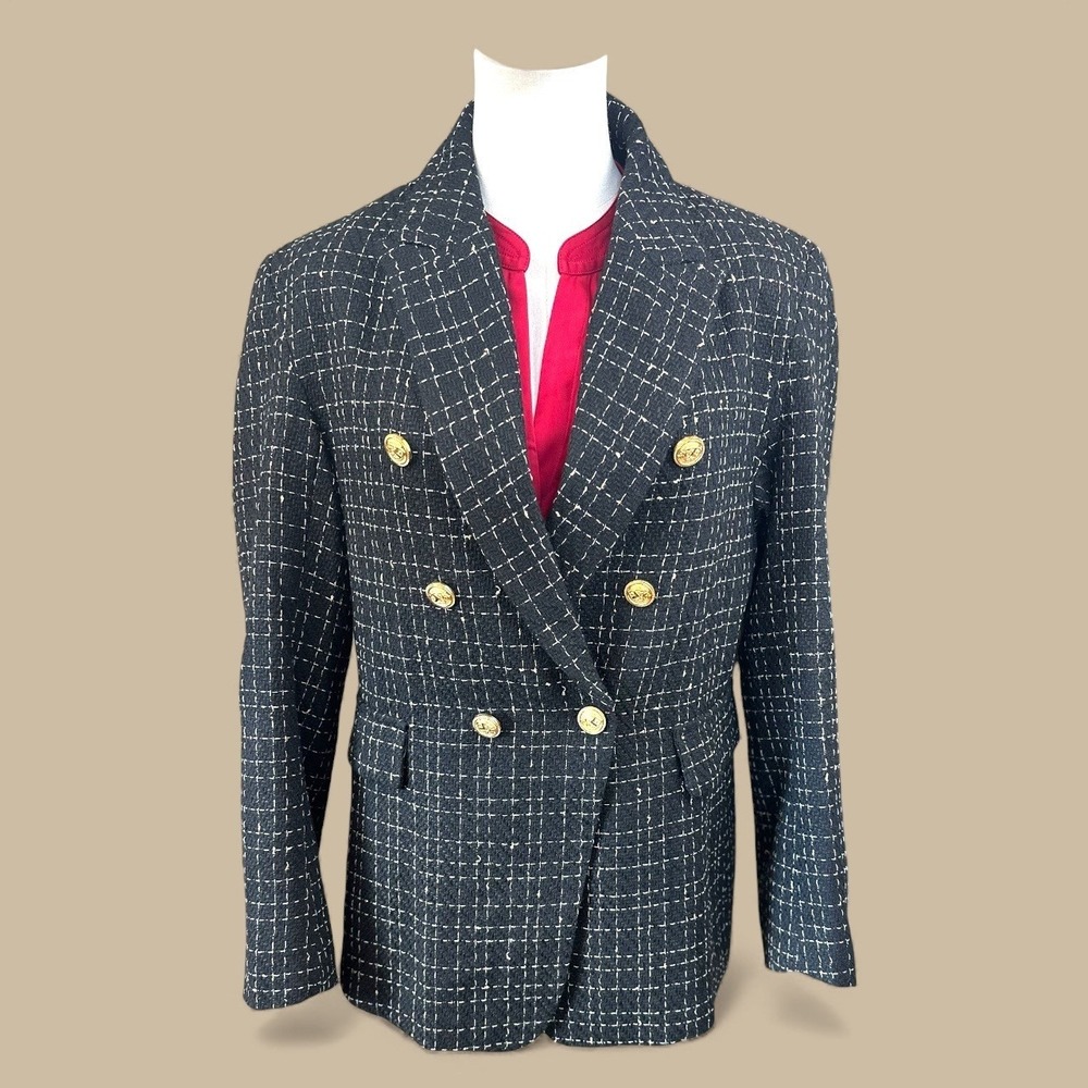 Elleven NWT SZ LGE Black Gold Plaid Double Breasted Blazer Jacket - Picture 5 of 16